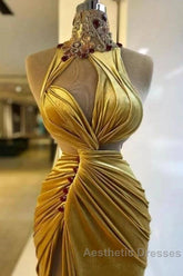 Gold Evening Dresses Sheath High Collar Velvet Beaded Slit Long Turkey Dubai Saudi Arabic Evening Gown Evening Prom Dresses